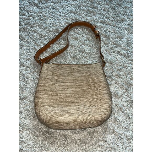 ERIC JAVIT Brown Beige Woven Straw Shoulder Crossbody Bag Leather Strap - Picture 3 of 12